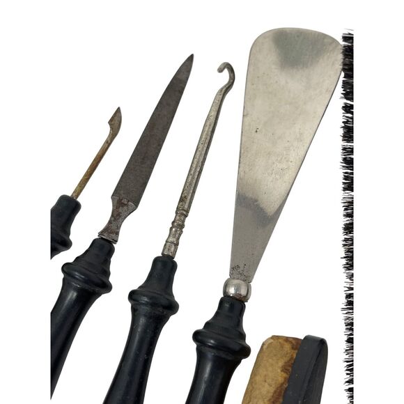 Victorian Vanity 6 PC Set Wood Ornate Decorated Nail Tools Shoe Horn Button Hook - Picture 6 of 12